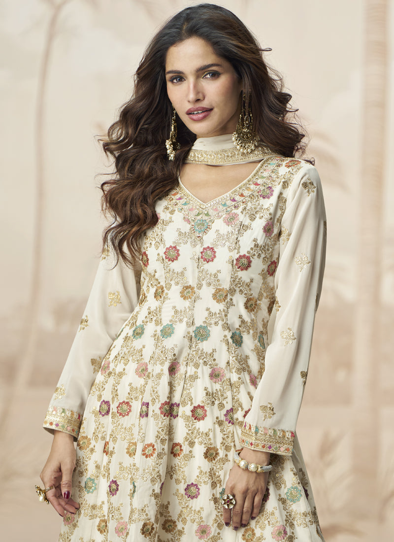 Vegaa Fashion Off White Georgette Embroidered Designer Palazzo Suit | Grocsy