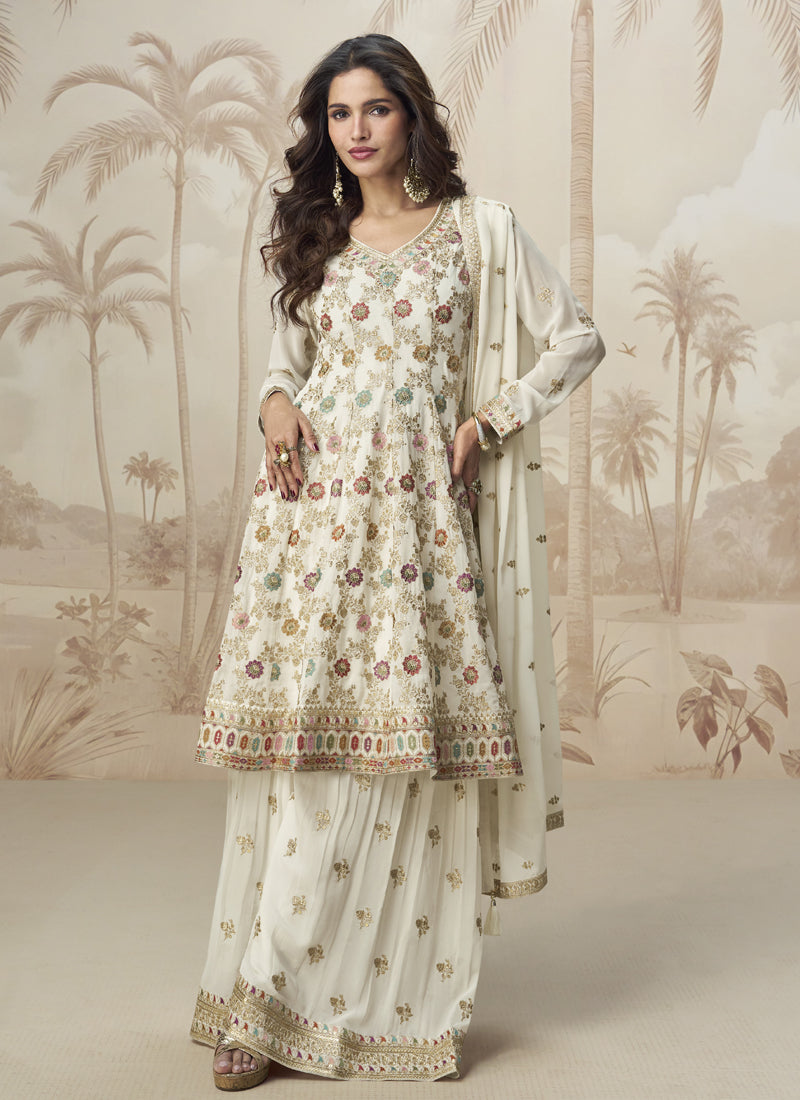 Vegaa Fashion Off White Georgette Embroidered Designer Palazzo Suit | Grocsy