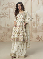 Vegaa Fashion Off White Georgette Embroidered Designer Palazzo Suit | Grocsy