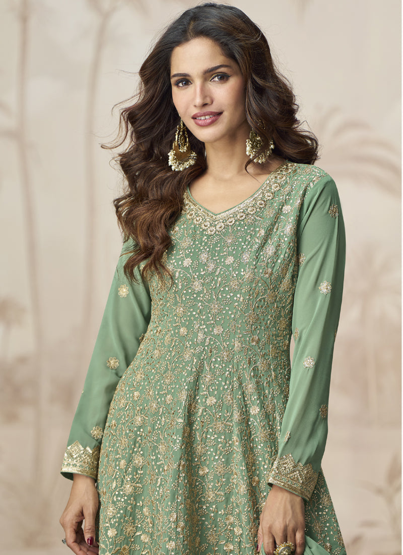 Vegaa Fashion Pista Green Georgette Embroidered Designer Palazzo Suit | Grocsy