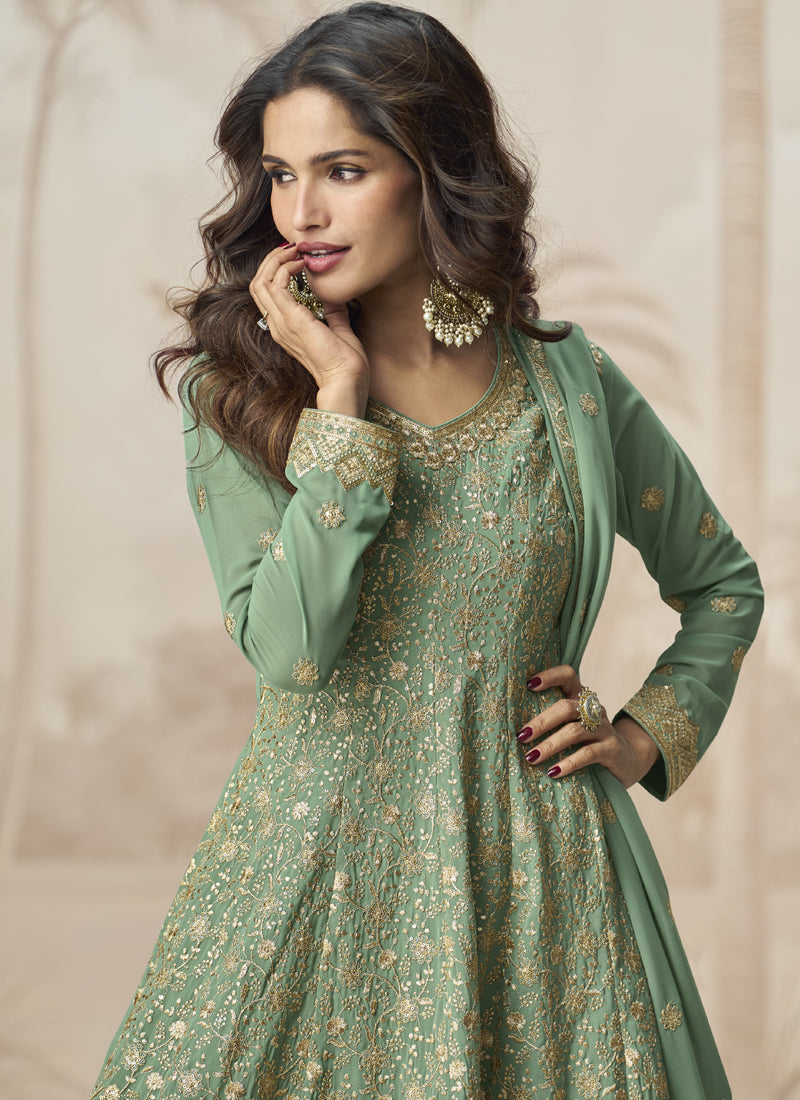 Vegaa Fashion Pista Green Georgette Embroidered Designer Palazzo Suit | Grocsy