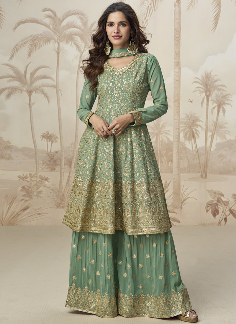 Vegaa Fashion Pista Green Georgette Embroidered Designer Palazzo Suit | Grocsy