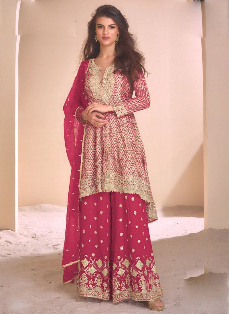 Vegaa Fashion Pink Georgette Embroidered Palazzo Suit | Grocsy