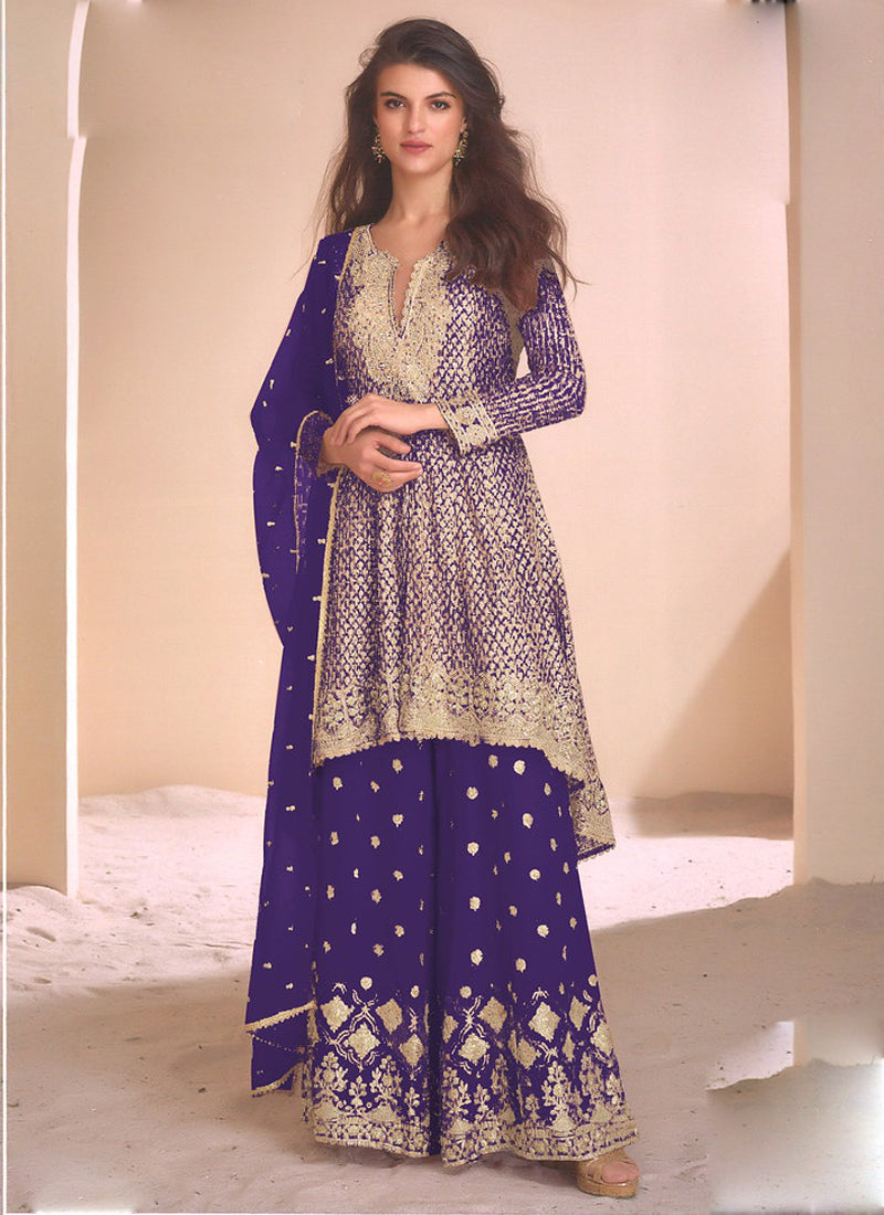 Vegaa Fashion Violet Georgette Embroidered Palazzo Suit | Grocsy