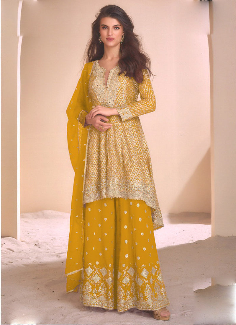 Vegaa Fashion Yellow Georgette Embroidered Palazzo Suit | Grocsy
