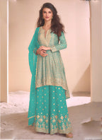 Vegaa Fashion Sky Blue Georgette Embroidered Palazzo Suit | Grocsy