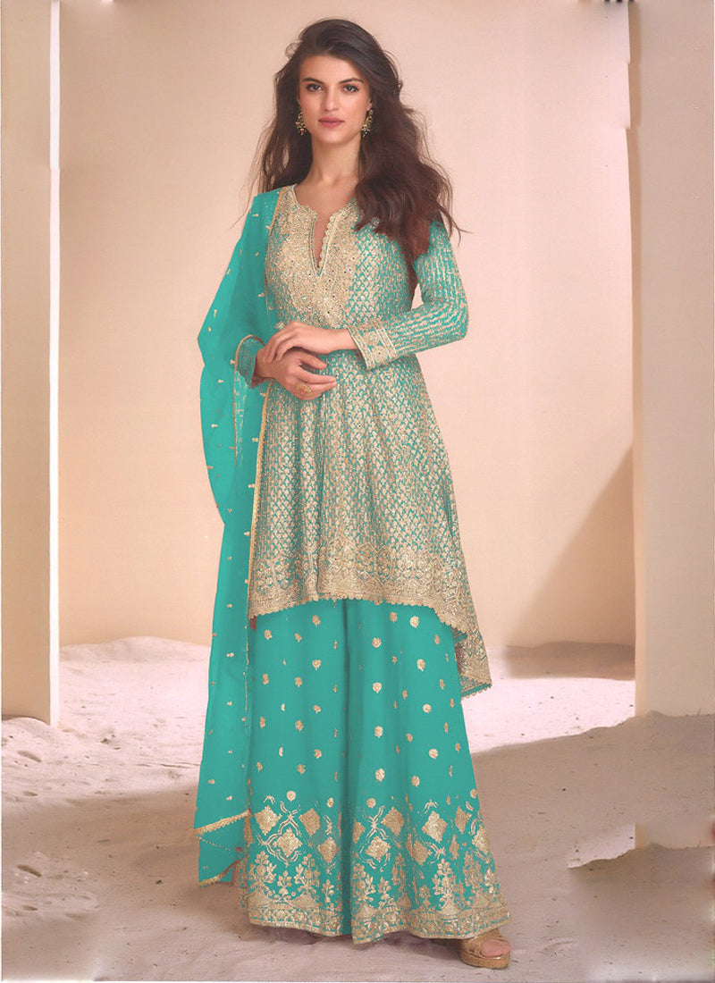 Vegaa Fashion Sky Blue Georgette Embroidered Palazzo Suit | Grocsy