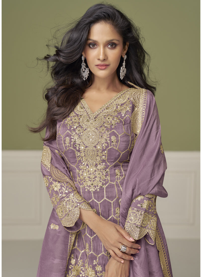 Vegaa Fashion Lavender Simar Silk Embroidered Designer Palazzo Suit | Grocsy