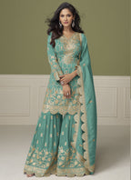 Vegaa Fashion Sea Green Simar Silk Embroidered Designer Palazzo Suit | Grocsy