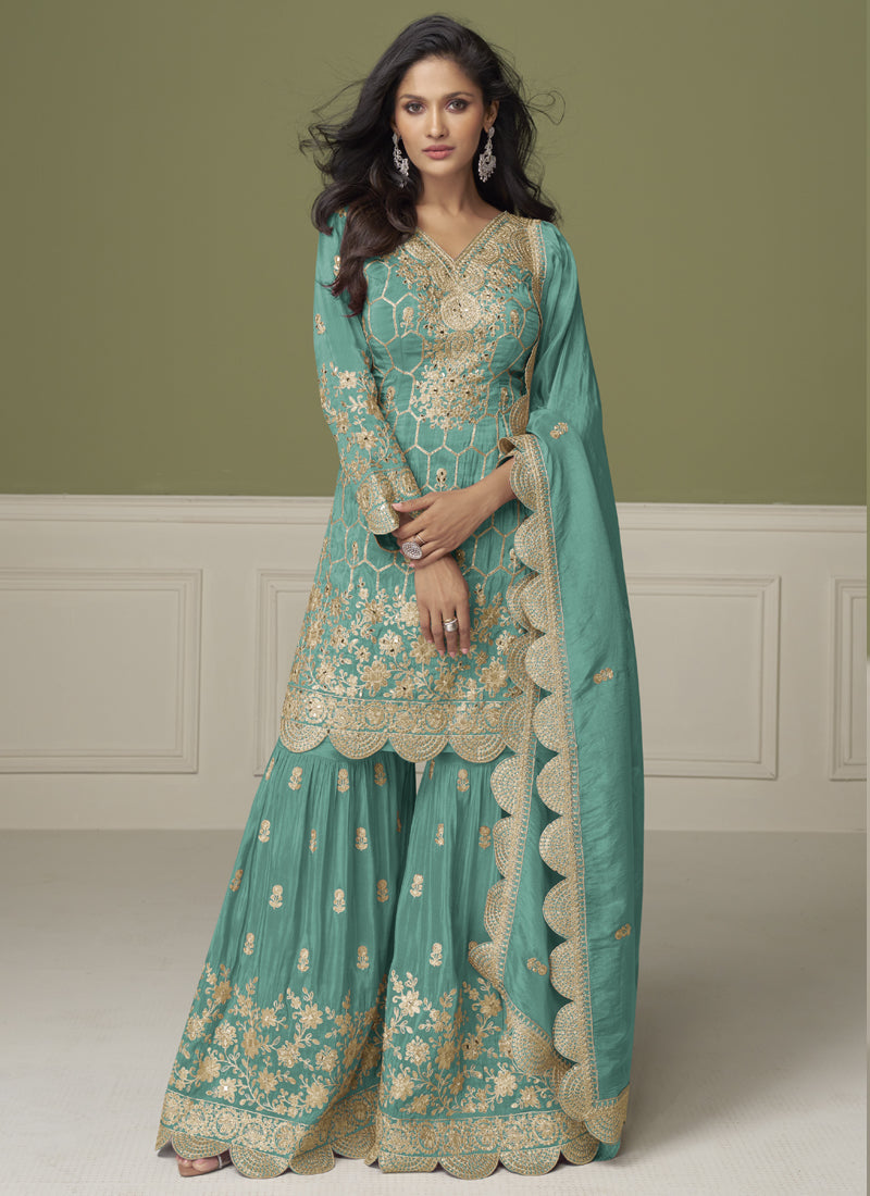 Vegaa Fashion Sea Green Simar Silk Embroidered Designer Palazzo Suit | Grocsy