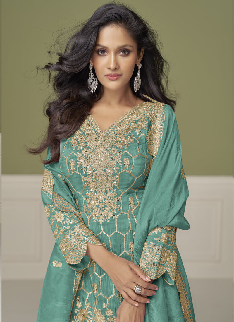 Vegaa Fashion Sea Green Simar Silk Embroidered Designer Palazzo Suit | Grocsy