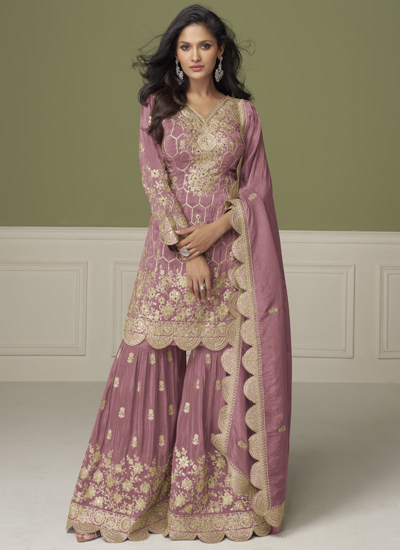 Vegaa Fashion Onion Pink Simar Silk Embroidered Designer Palazzo Suit | Grocsy