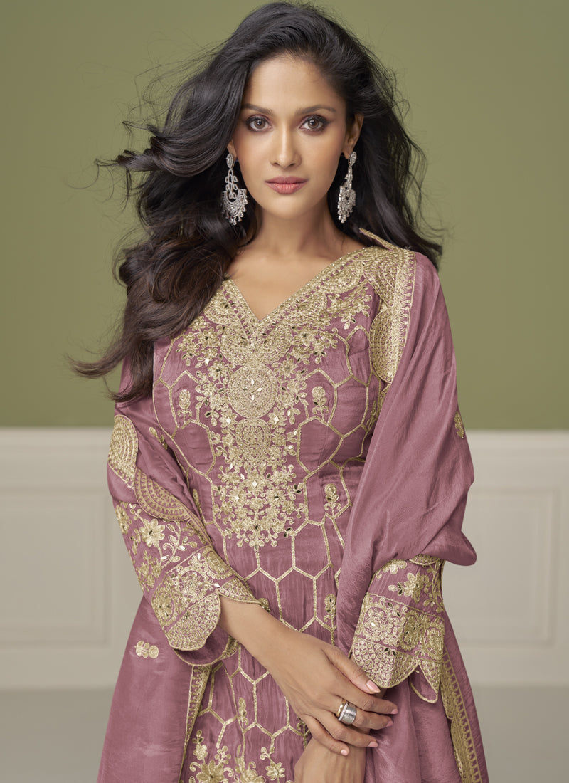 Vegaa Fashion Onion Pink Simar Silk Embroidered Designer Palazzo Suit | Grocsy