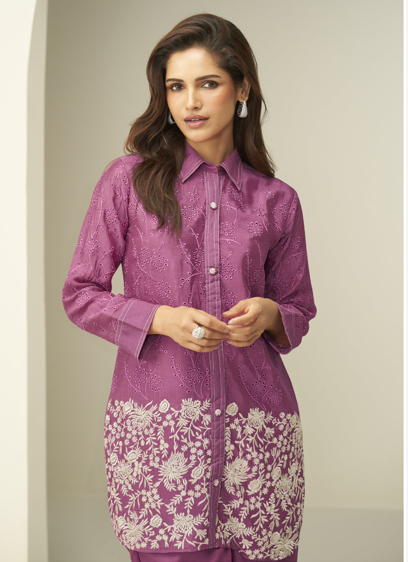 Vegaa Fashion Onion Pink Chinon Silk Embroidered Designer Co Ord Set | Grocsy