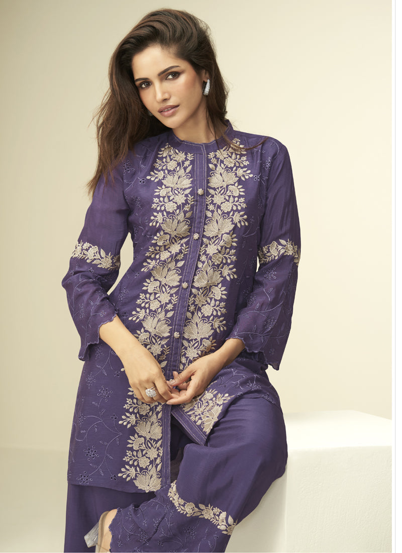 Vegaa Fashion Violet Chinon Silk Embroidered Designer Co Ord Set | Grocsy