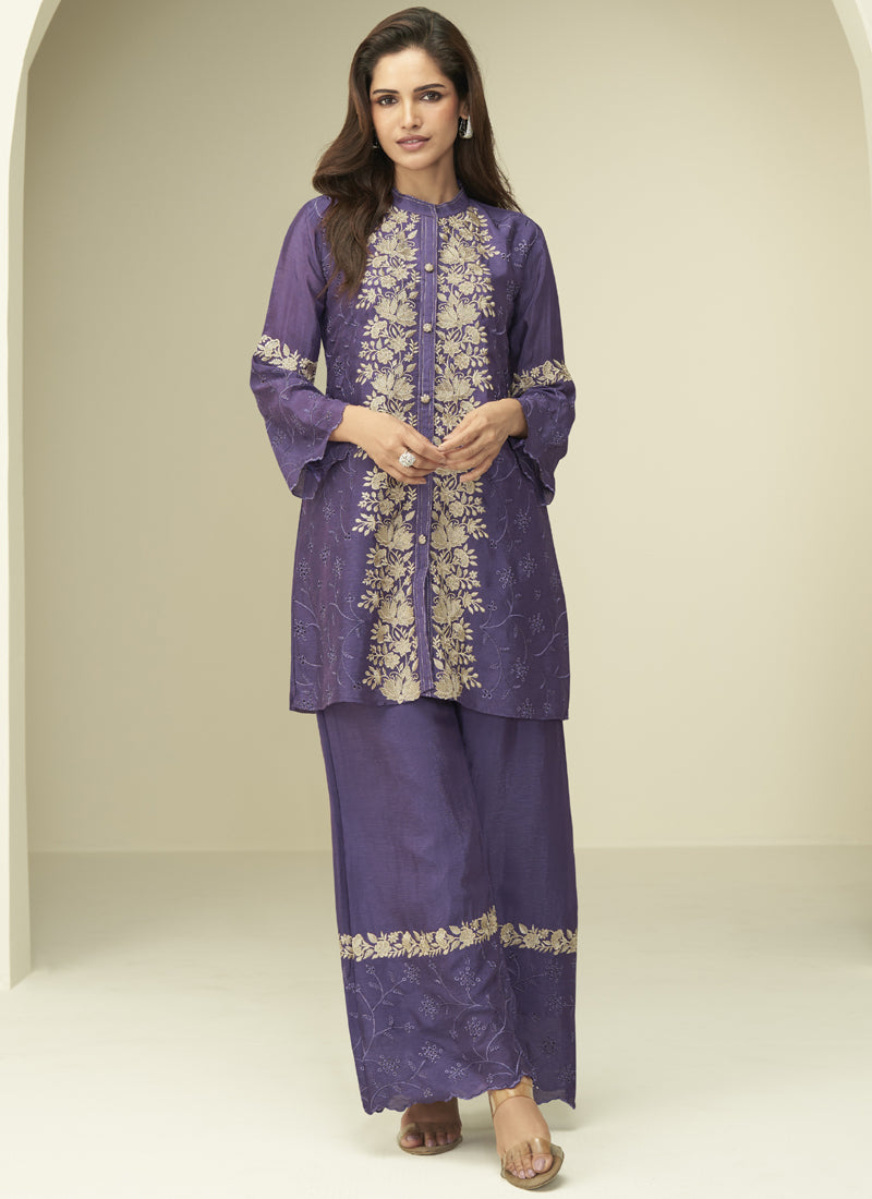 Vegaa Fashion Violet Chinon Silk Embroidered Designer Co Ord Set | Grocsy