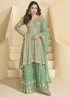 Vegaa Fashion Light Green Georgette Embroidered Designer Palazzo Suit | Grocsy