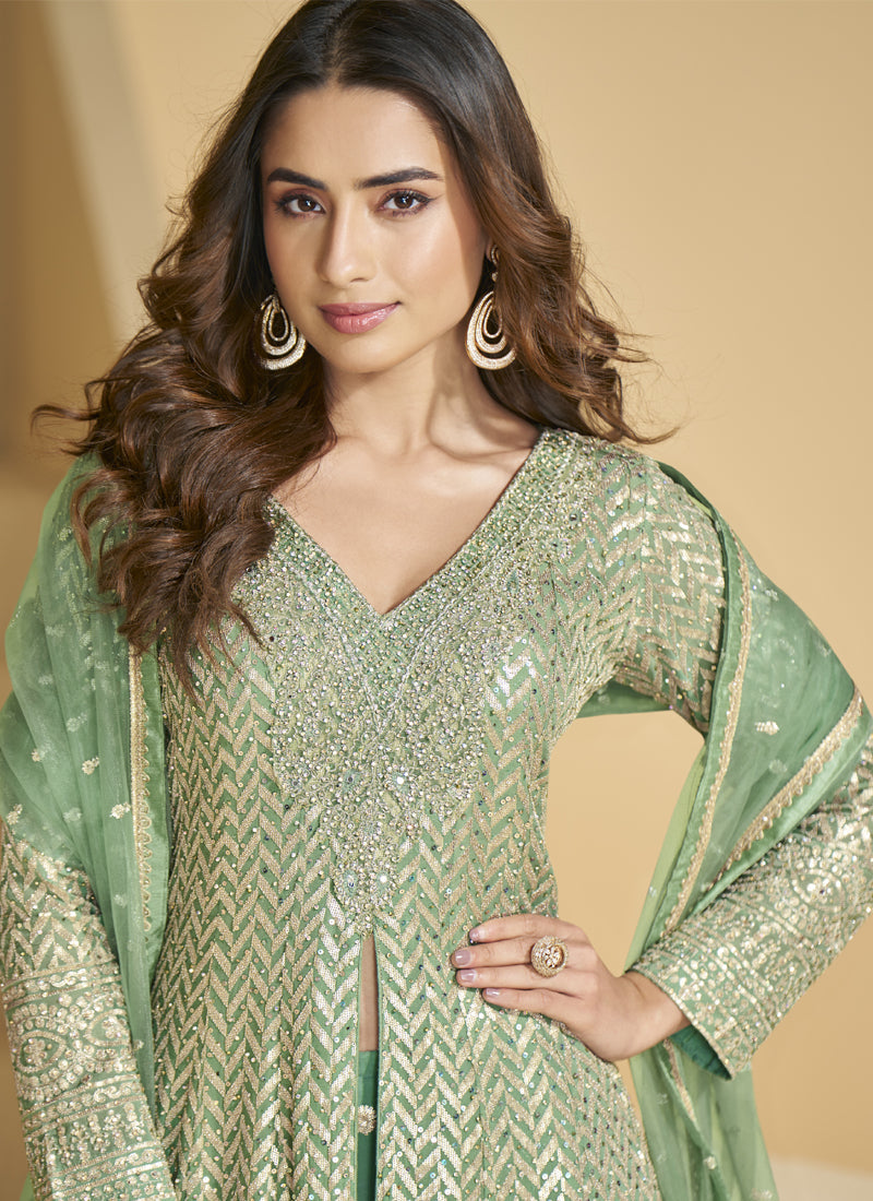 Vegaa Fashion Light Green Georgette Embroidered Designer Palazzo Suit | Grocsy