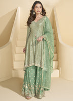 Vegaa Fashion Light Green Georgette Embroidered Designer Palazzo Suit | Grocsy