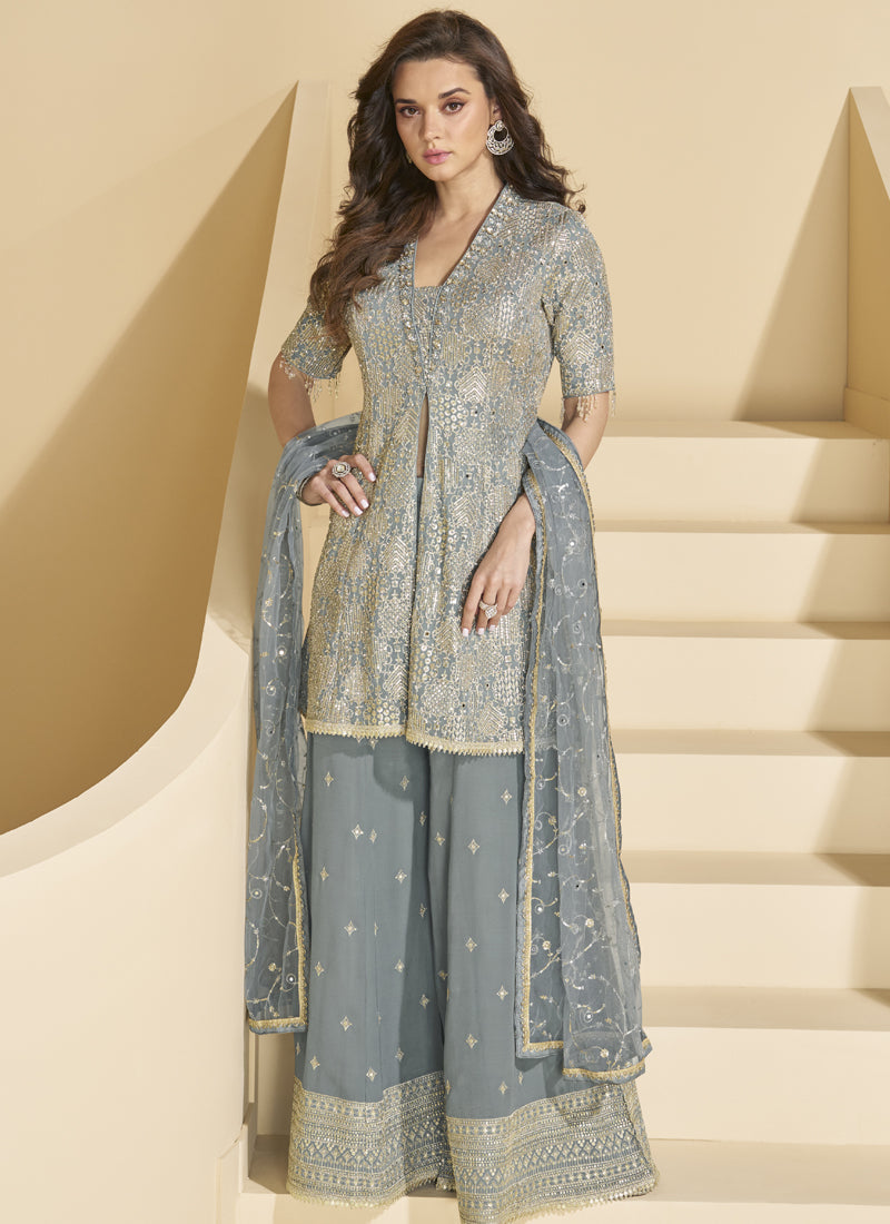 Vegaa Fashion Grey Georgette Embroidered Designer Palazzo Suit | Grocsy