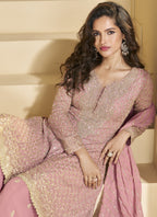 Vegaa Fashion Peach Georgette Embroidered Designer Palazzo Suit | Grocsy
