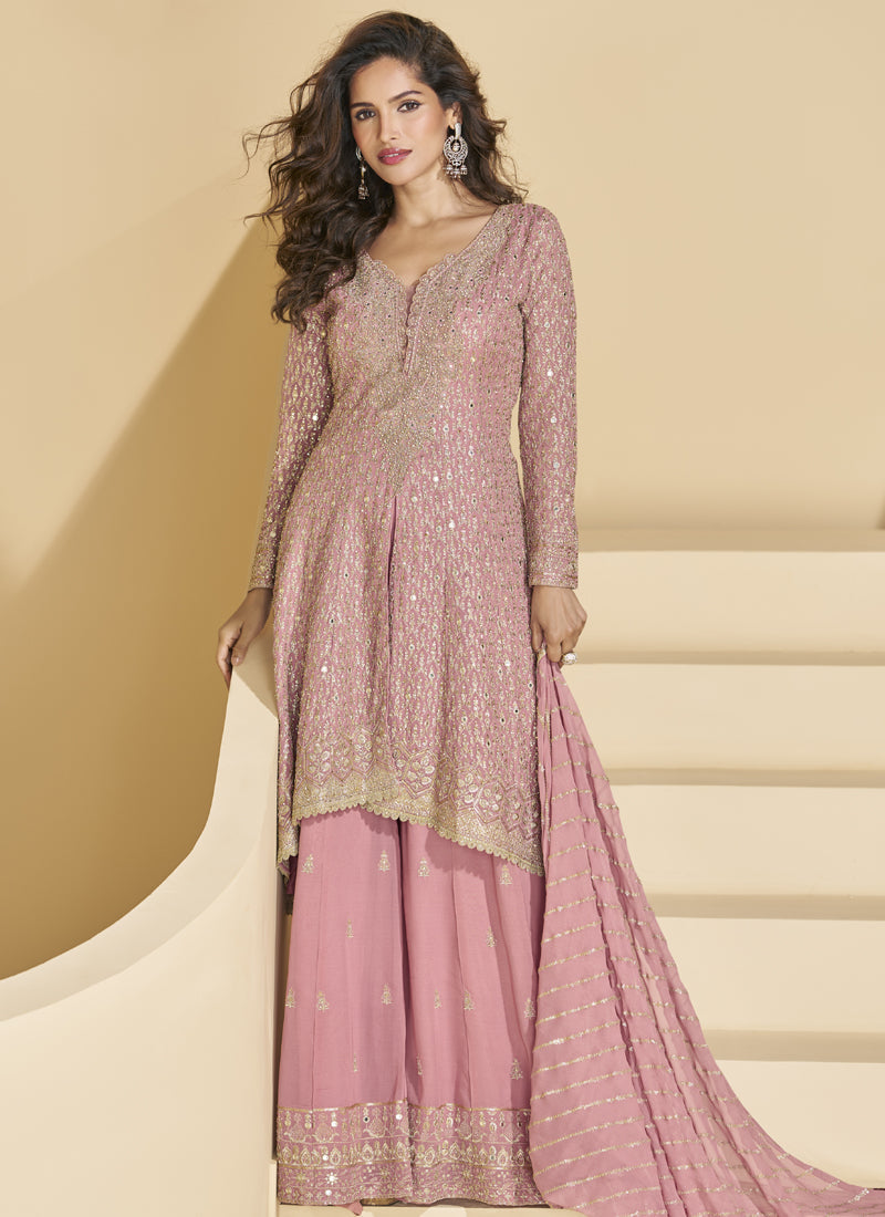 Vegaa Fashion Peach Georgette Embroidered Designer Palazzo Suit | Grocsy