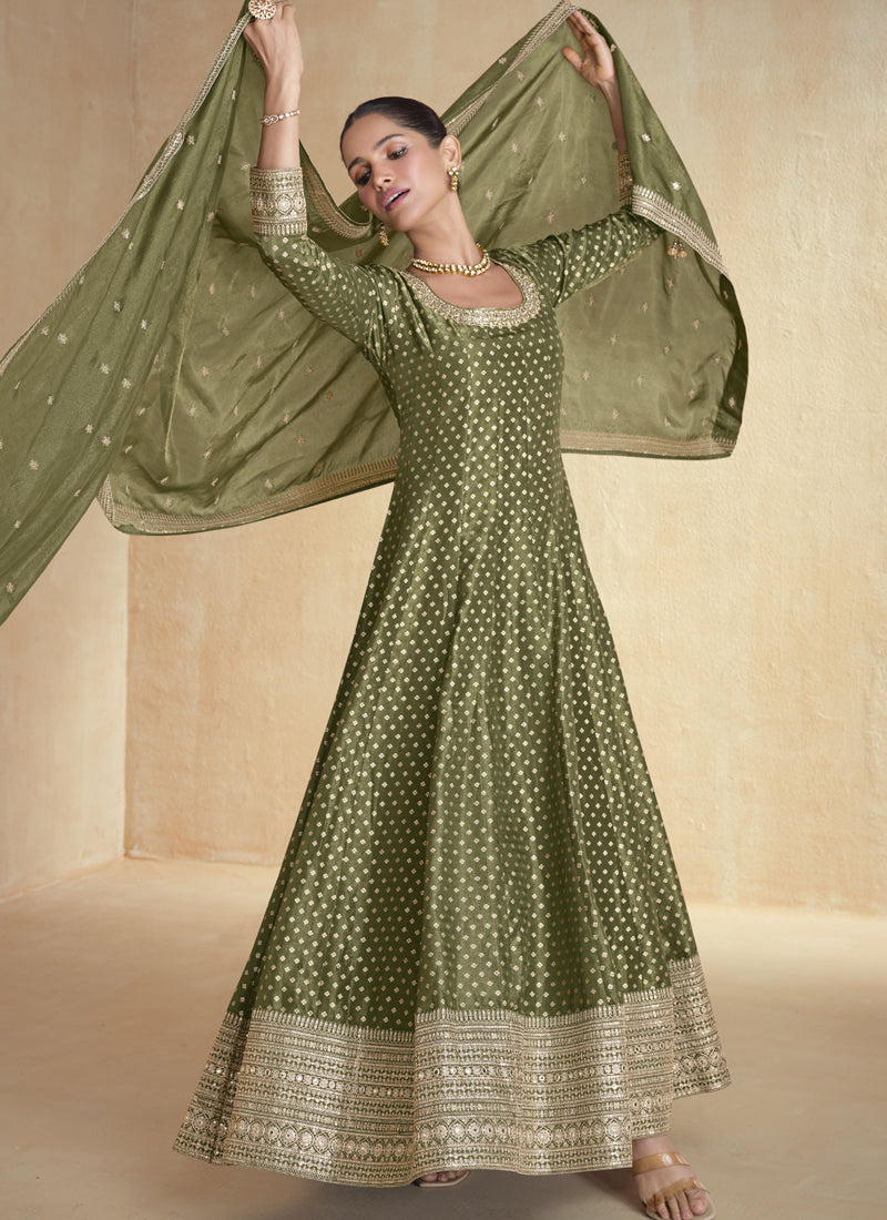 Vegaa Fashion Mahendi Viscose Jacquard Embroidered Anarkali Suit | Grocsy