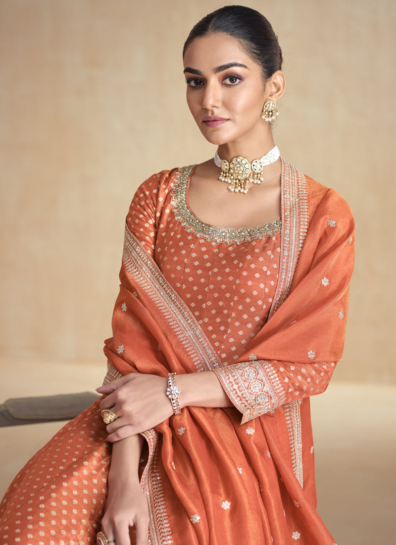 Vegaa Fashion Orange Viscose Jacquard Embroidered Anarkali Suit | Grocsy