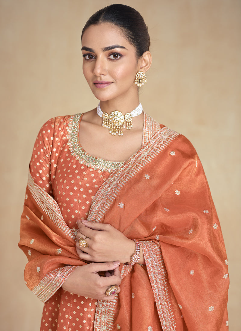 Vegaa Fashion Orange Viscose Jacquard Embroidered Anarkali Suit | Grocsy