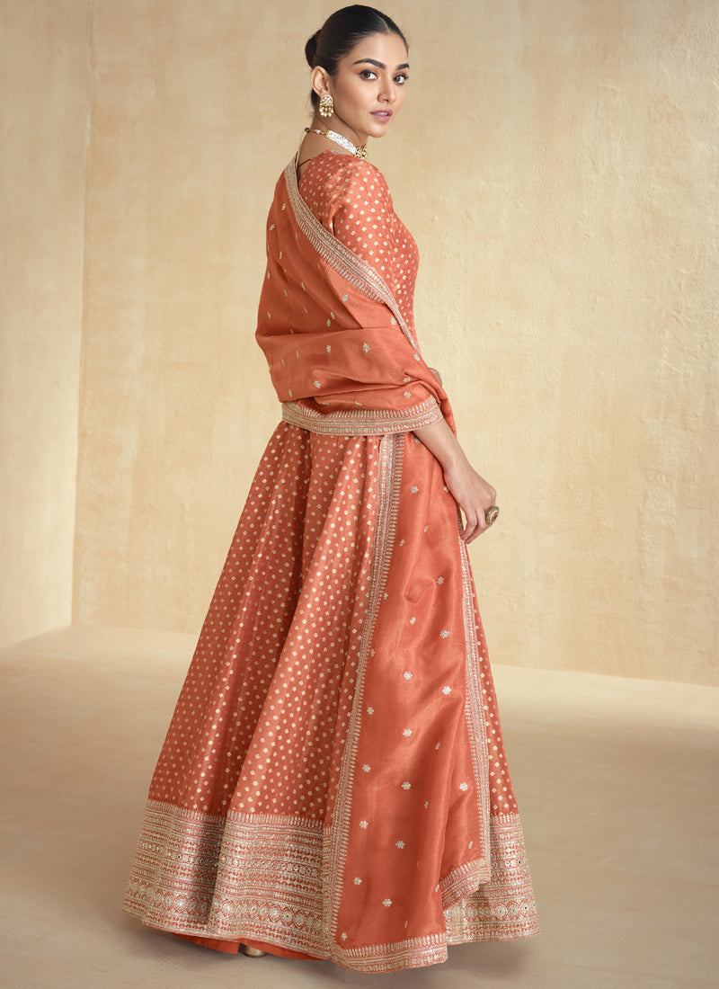 Vegaa Fashion Orange Viscose Jacquard Embroidered Anarkali Suit | Grocsy
