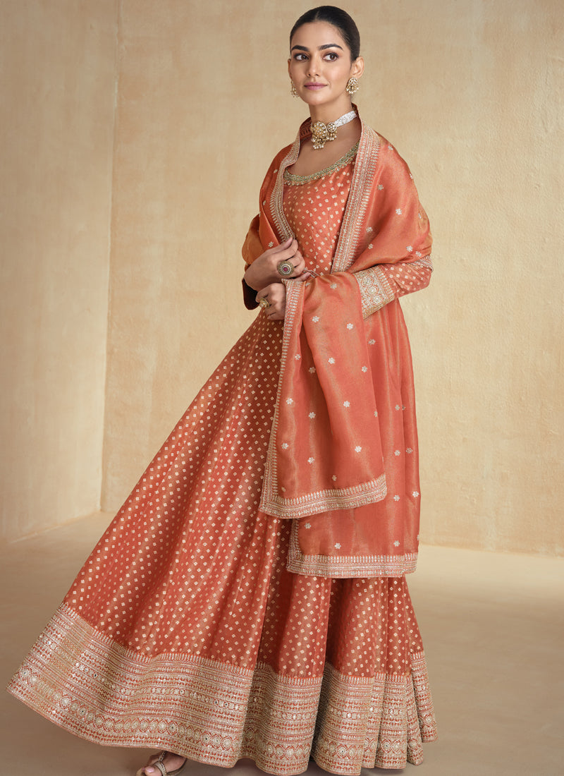 Vegaa Fashion Orange Viscose Jacquard Embroidered Anarkali Suit | Grocsy