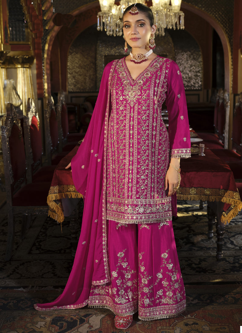 Vegaa Fashion Rani Pink Chinon Silk Embroidered Designer Palazzo Suit | Grocsy