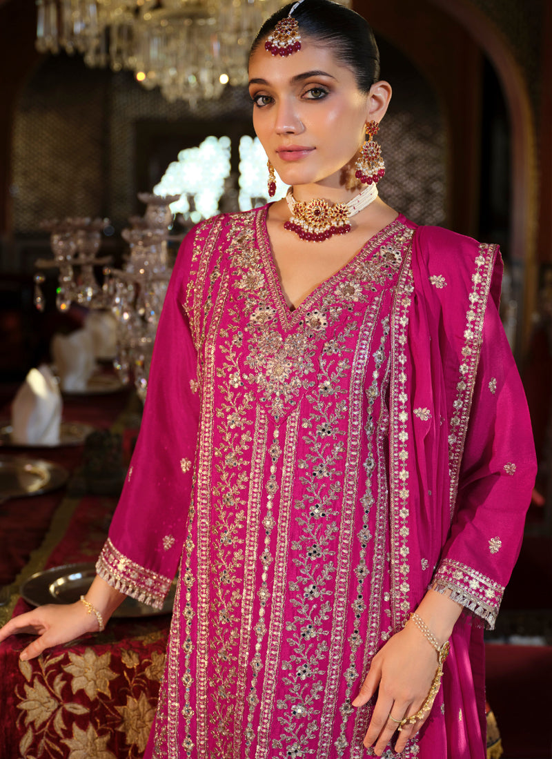 Vegaa Fashion Rani Pink Chinon Silk Embroidered Designer Palazzo Suit | Grocsy