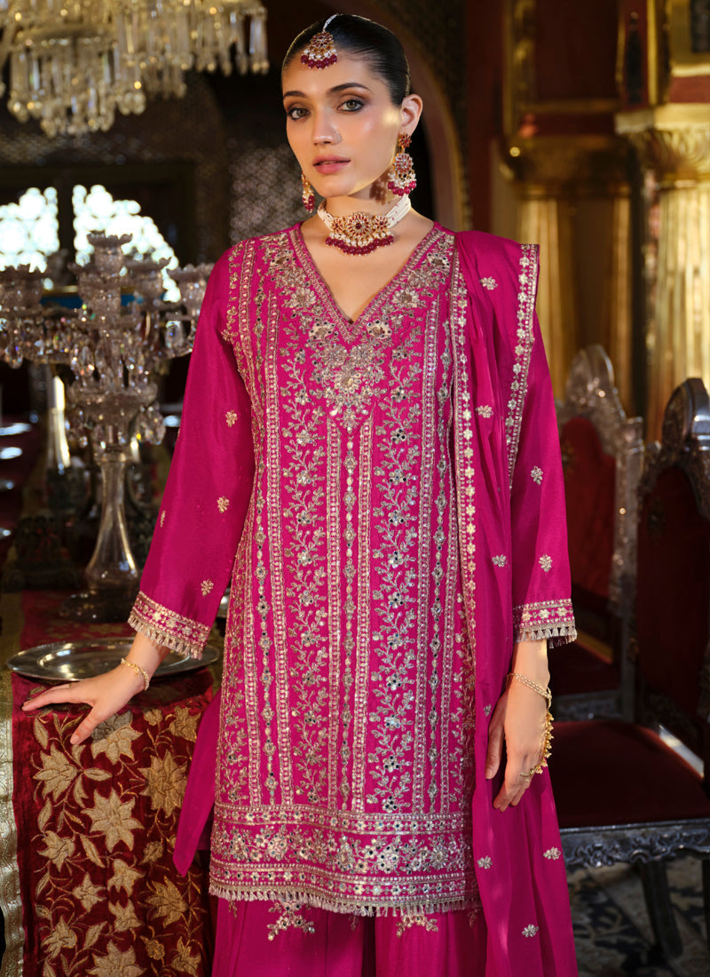 Vegaa Fashion Rani Pink Chinon Silk Embroidered Designer Palazzo Suit | Grocsy