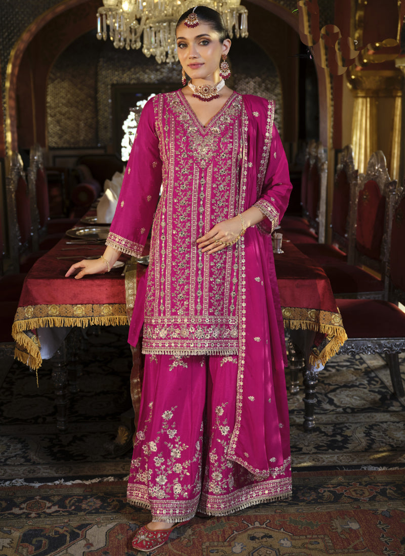Vegaa Fashion Rani Pink Chinon Silk Embroidered Designer Palazzo Suit | Grocsy