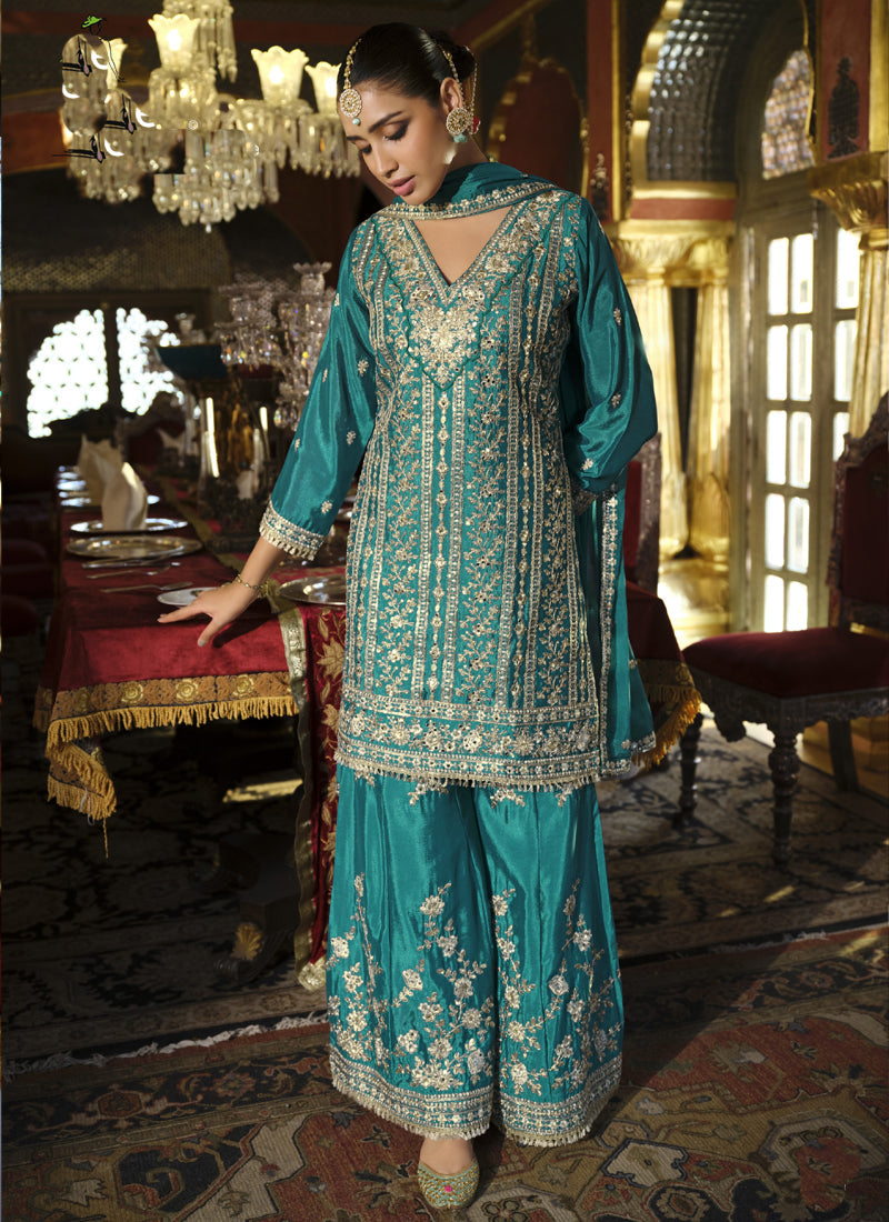 Vegaa Fashion Turquoise Chinon Silk Embroidered Designer Palazzo Suit | Grocsy
