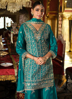 Vegaa Fashion Turquoise Chinon Silk Embroidered Designer Palazzo Suit | Grocsy