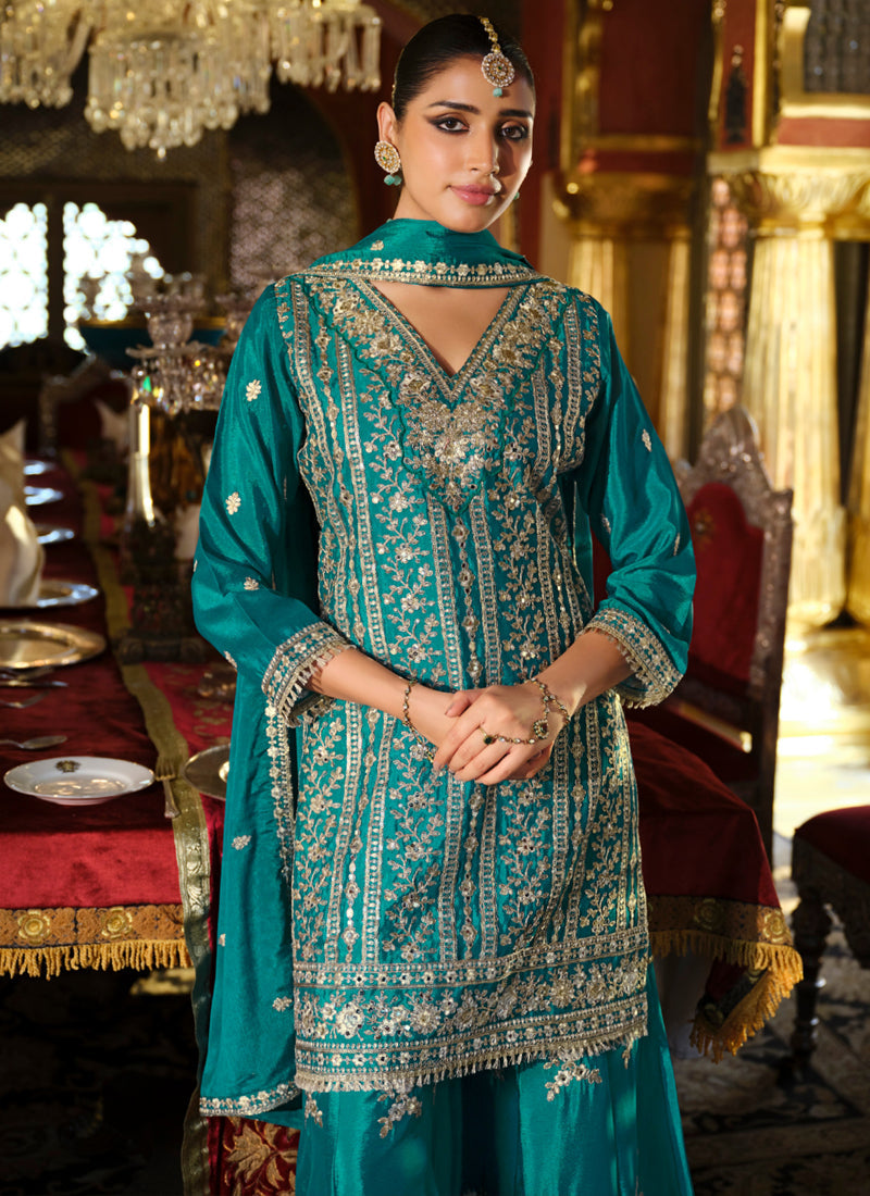 Vegaa Fashion Turquoise Chinon Silk Embroidered Designer Palazzo Suit | Grocsy