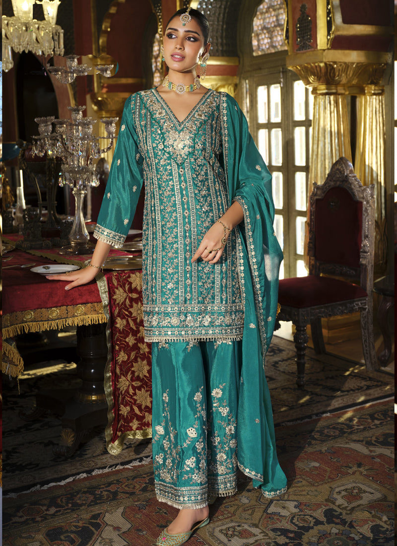 Vegaa Fashion Turquoise Chinon Silk Embroidered Designer Palazzo Suit | Grocsy