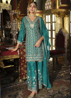 Vegaa Fashion Turquoise Chinon Silk Embroidered Designer Palazzo Suit | Grocsy