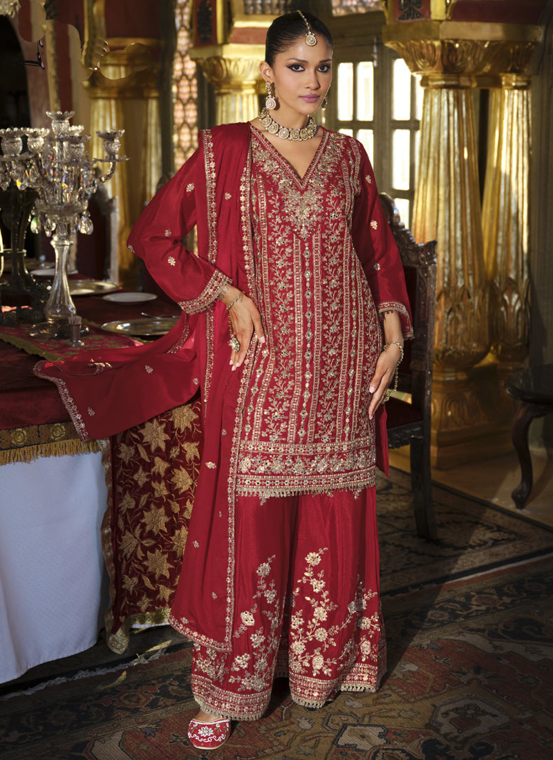 Vegaa Fashion Maroon Chinon Silk Embroidered Designer Palazzo Suit | Grocsy