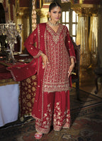 Vegaa Fashion Maroon Chinon Silk Embroidered Designer Palazzo Suit | Grocsy