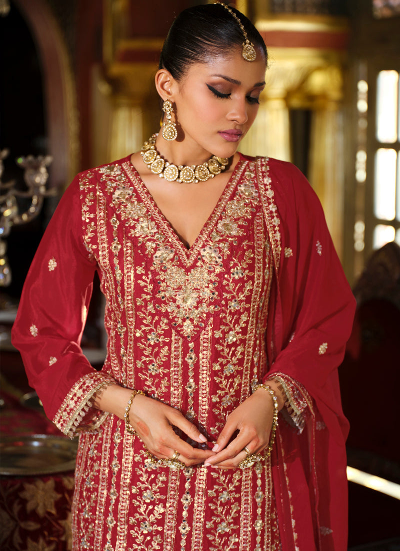 Vegaa Fashion Maroon Chinon Silk Embroidered Designer Palazzo Suit | Grocsy