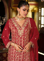 Vegaa Fashion Maroon Chinon Silk Embroidered Designer Palazzo Suit | Grocsy