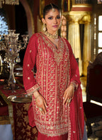 Vegaa Fashion Maroon Chinon Silk Embroidered Designer Palazzo Suit | Grocsy