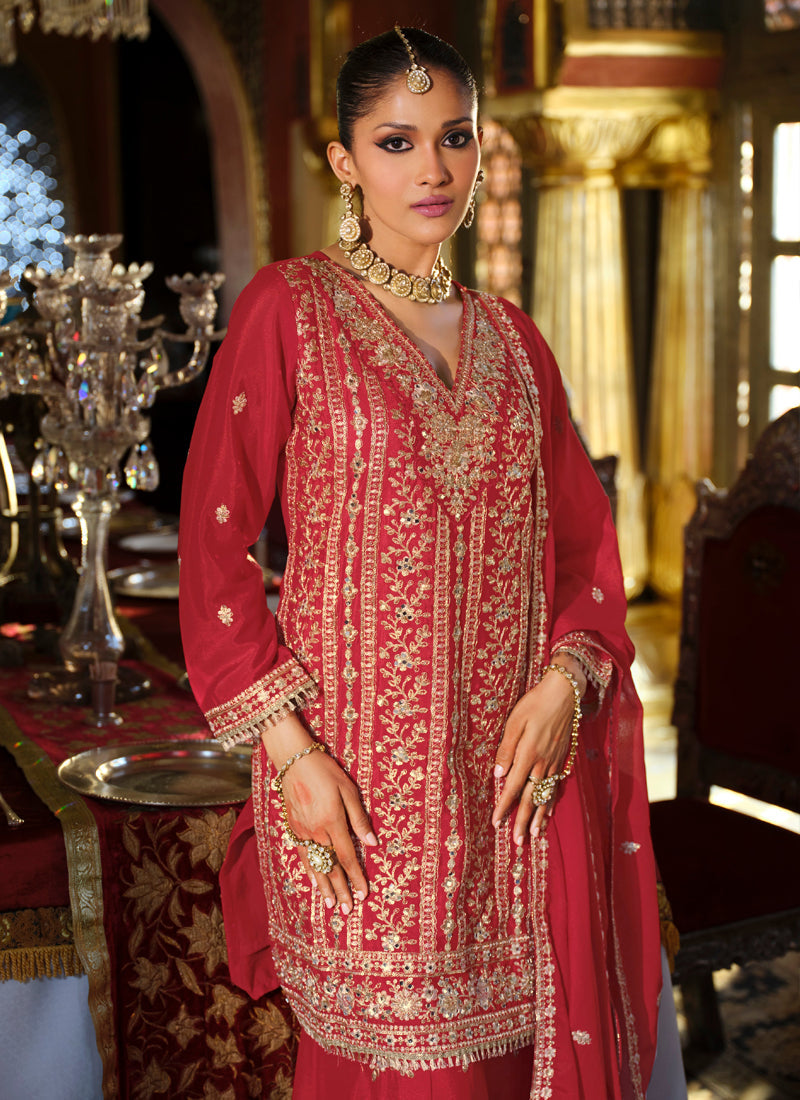 Vegaa Fashion Maroon Chinon Silk Embroidered Designer Palazzo Suit | Grocsy