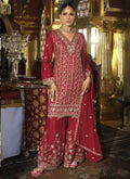 Vegaa Fashion Maroon Chinon Silk Embroidered Designer Palazzo Suit | Grocsy