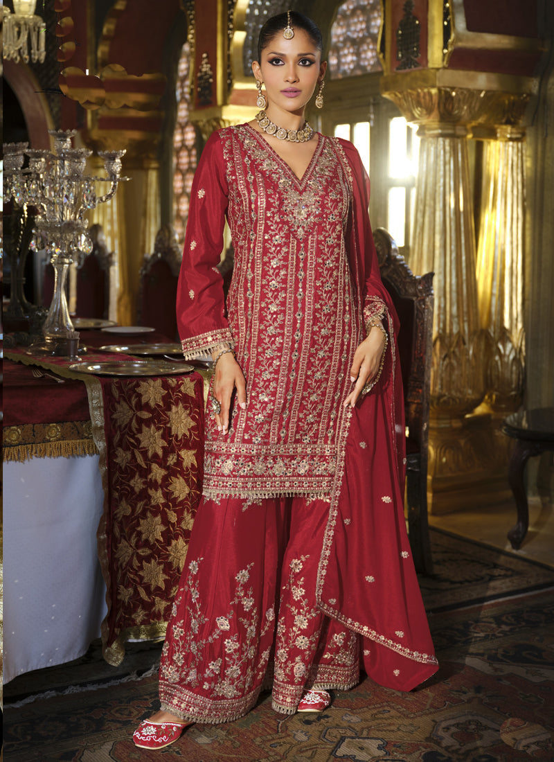 Vegaa Fashion Maroon Chinon Silk Embroidered Designer Palazzo Suit | Grocsy