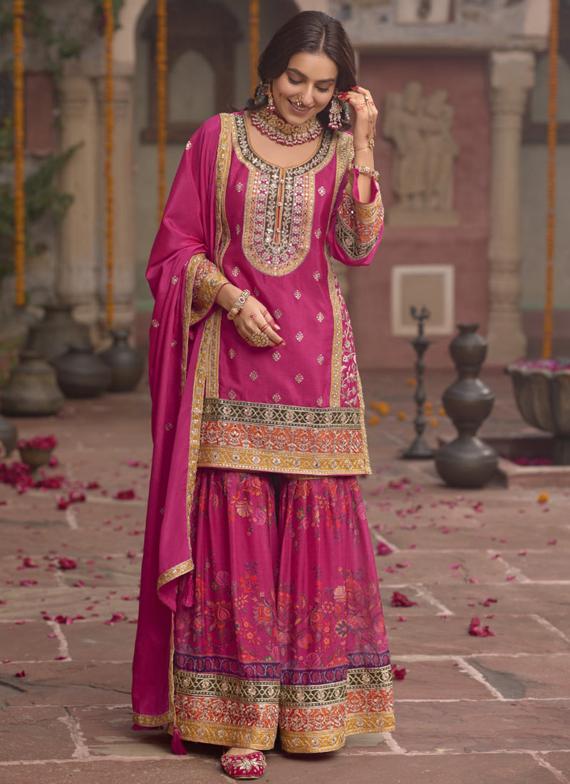 Vegaa Fashion Pink Chinon Silk Embroidered Sharara Suit | Grocsy