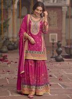 Vegaa Fashion Pink Chinon Silk Embroidered Sharara Suit | Grocsy